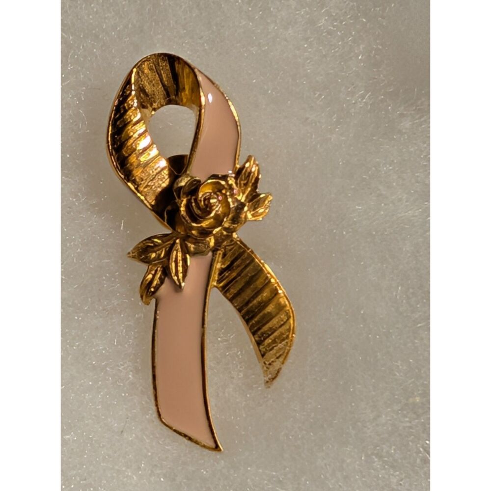 Vintage Avon Breast Cancer Pin, Pink and Gold Tone with Rose